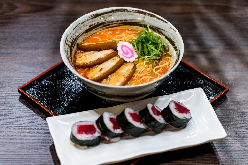 Spicy Ramen Noodles with Pork Char sui, tuna roll