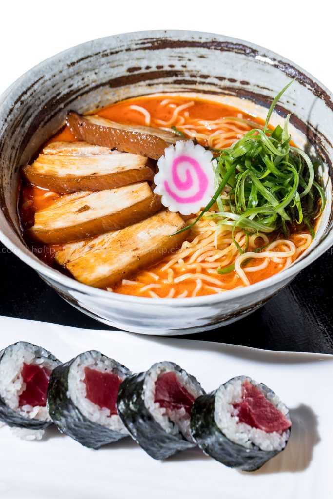 Spicy Ramen Noodles with Pork Char sui, tuna roll